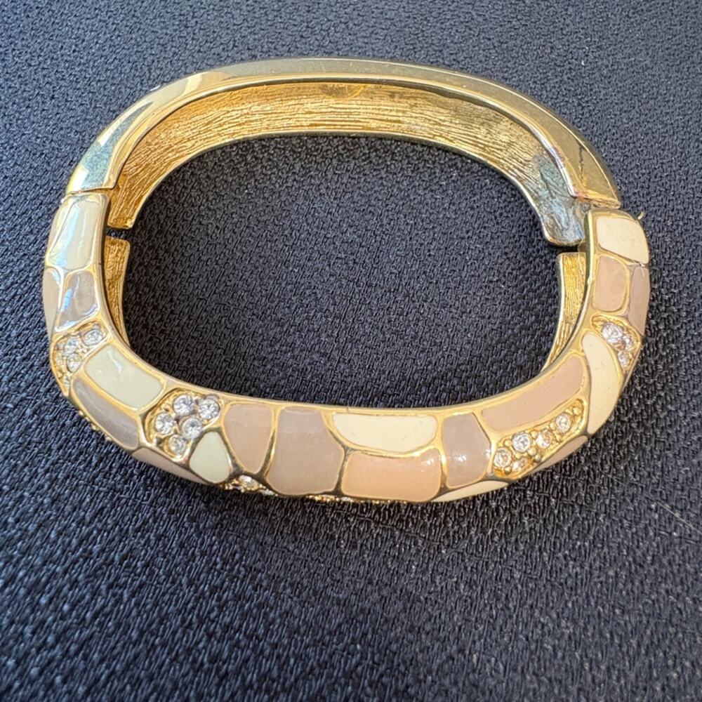 Vintage Joan Rivers Taupe and Rhinestone Hinged Goldtone Bracelet - Picture 4 of 6